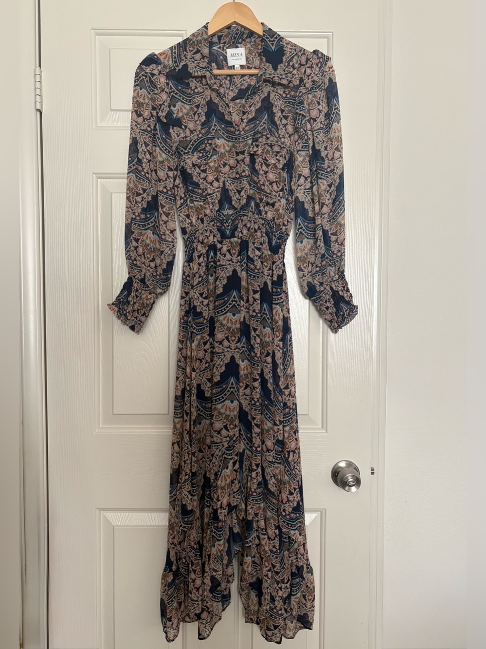 MISA Los Angeles Long Sleeve Print Maxi Dress Button Pockets✨NWT Sz XS/S
